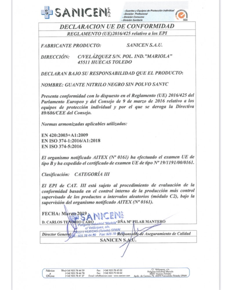 Certificaciones europeas: EN 374, EN 420, UNE-EN 455